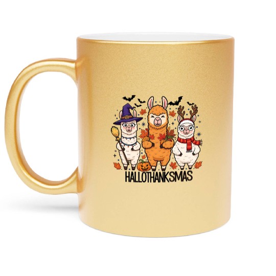Hallothanksmas Llama Trio Halloween Xmas Metallic Mugs Gift