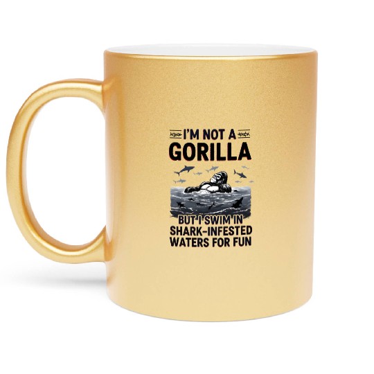 Gorilla vs Sharks Funny Swim Graphic Design Metallic Mugs