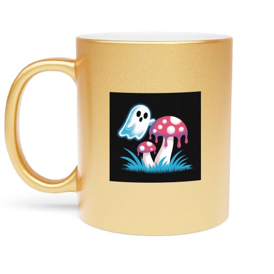 Whimsical Ghost and Mushrooms Illustration Metallic Mugs