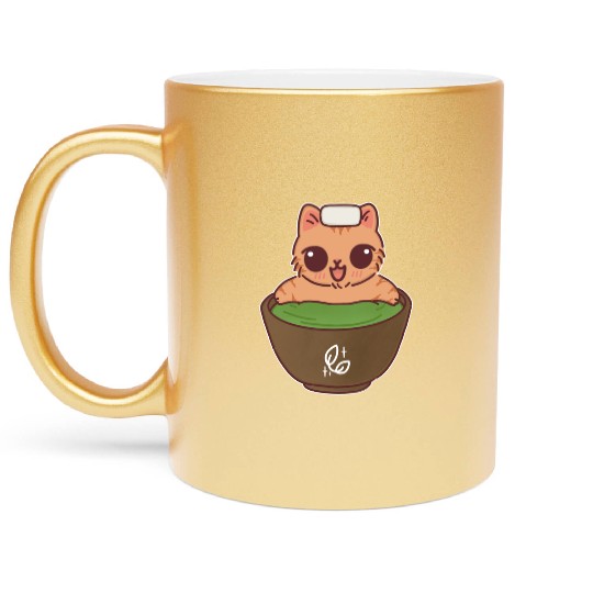 Kawaii Cat in Matcha Onsen Metallic Mugs
