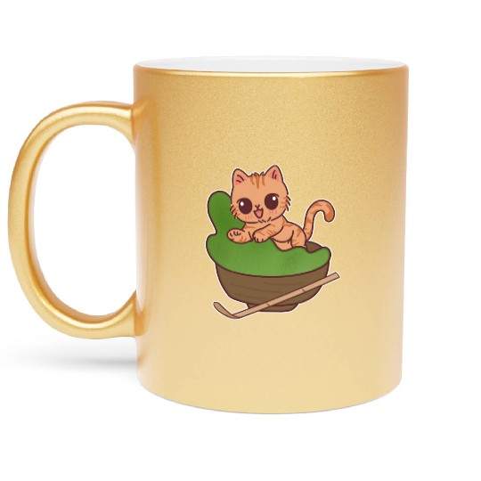 Kawaii Cat in Matcha Tea Bowl Metallic Mugs