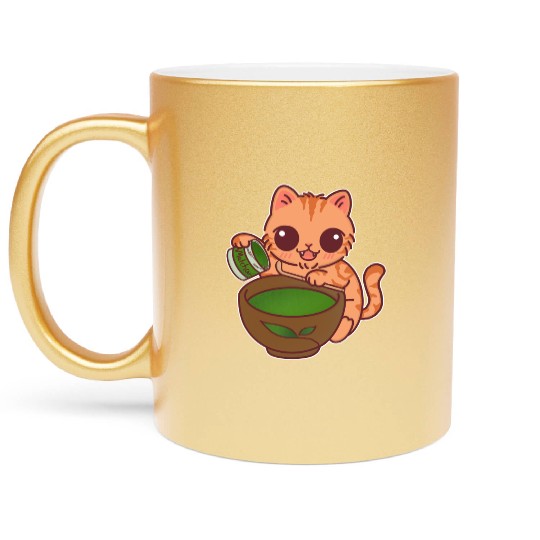 Kawaii Cat Barista Making Matcha Tea Metallic Mugs