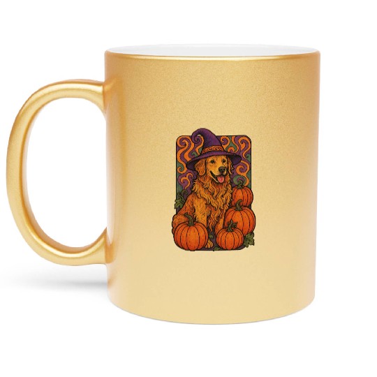 Halloween Wizard Golden Retriever with Pumpkins Metallic Mugs