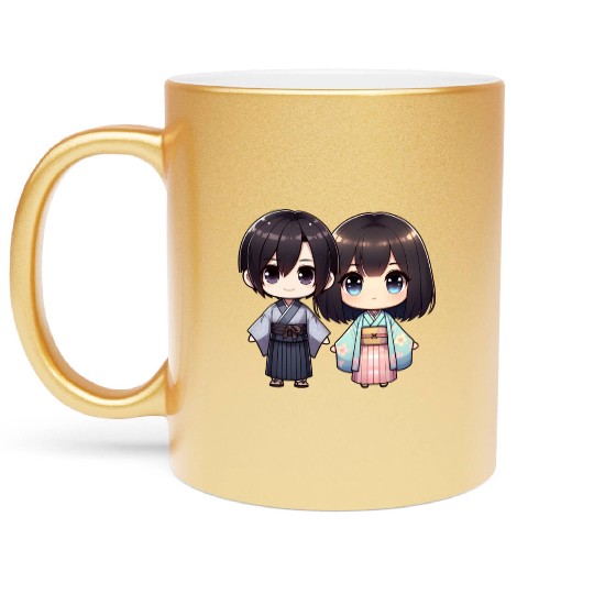 Chibi Kawaii Traditional Kimono Duo Metallic Mugs