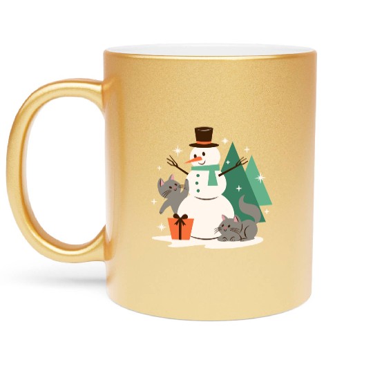 Festive Snowman with Cats and Pine Trees Metallic Mugs