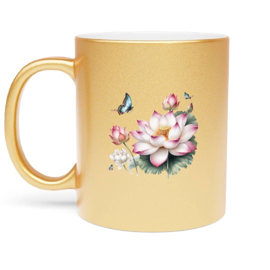 Light Pink Lotus and Butterflies  Metallic Mugs
