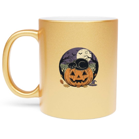 Spooky Cat Nap Pumpkin | Halloween Party Design Metallic Mugs