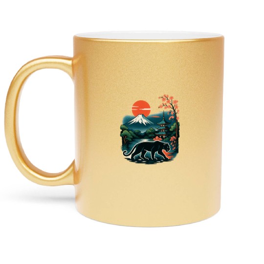 Serene Japanese Landscape with Mount Fuji Metallic Mugs
