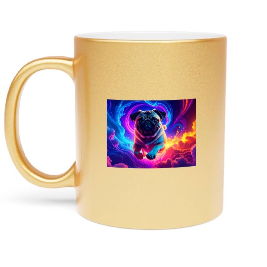 Colorful Pug Surrounded by Neon Swirls Metallic Mugs