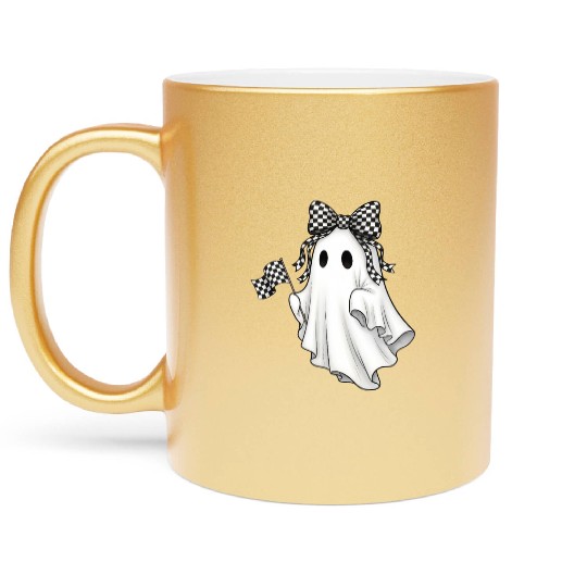 Ghost Boo Checkered Bow Race Day Racing Flag Racer Metallic Mugs