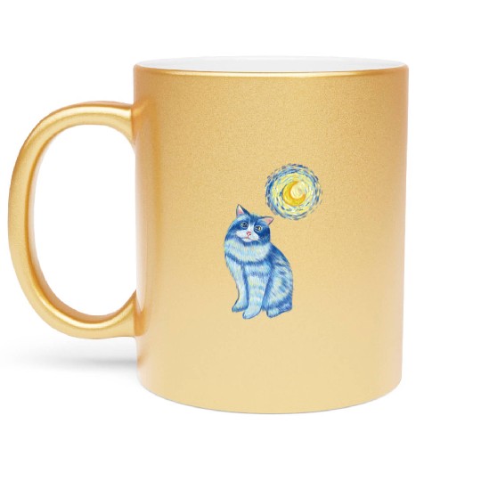 Blue Van Gogh Starry Night Ragdoll Cat Graphic Metallic Mugs