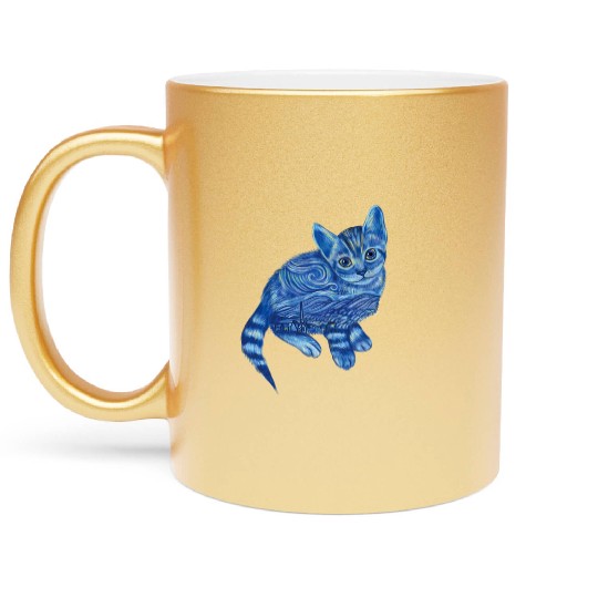 Blue Van Gogh Starry Night Bengal Cat Illustration Metallic Mugs