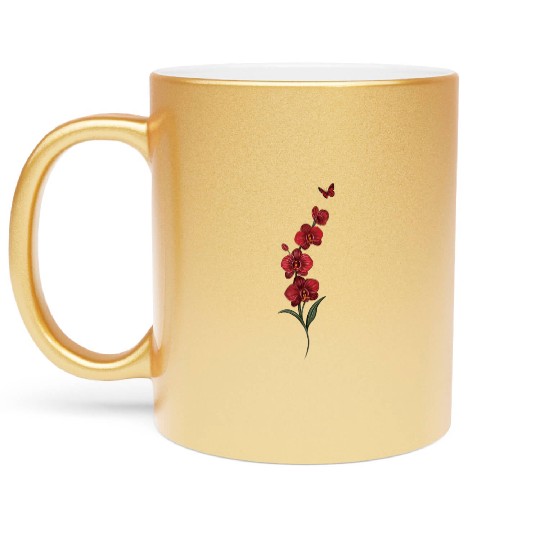 Red Orchid Flowers illustration with red butterfly Metallic Mugs