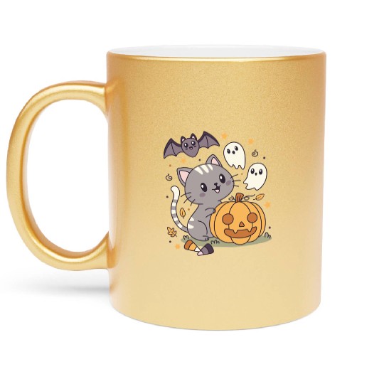 Halloween Kawaii Cat Bat Pumpkin Metallic Mugs