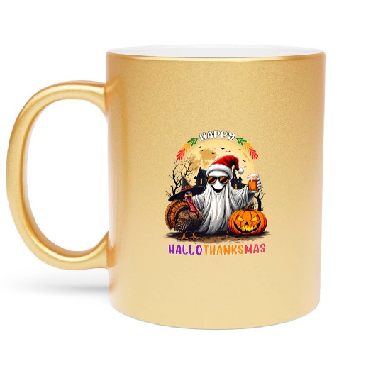 Happy Hallothanksmas Halloween Thanksgiving Xmas Metallic Mugs