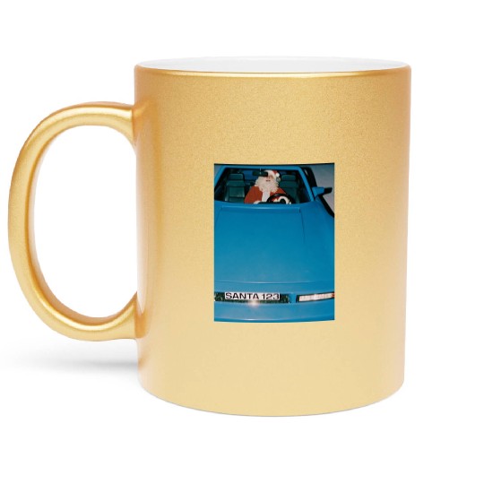 Santa Driving a Classic Blue Sports Car Metallic Mugs