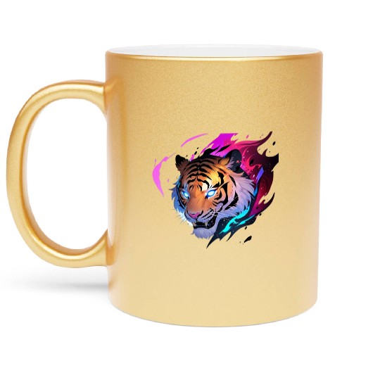 A fierce tiger head with glowing blue eyes Metallic Mugs