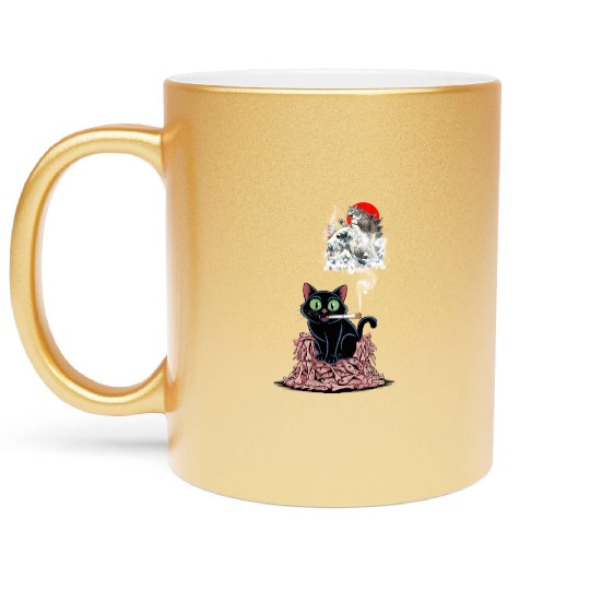 Black Cat Smoking Cigarette Catzilla Metallic Mugs