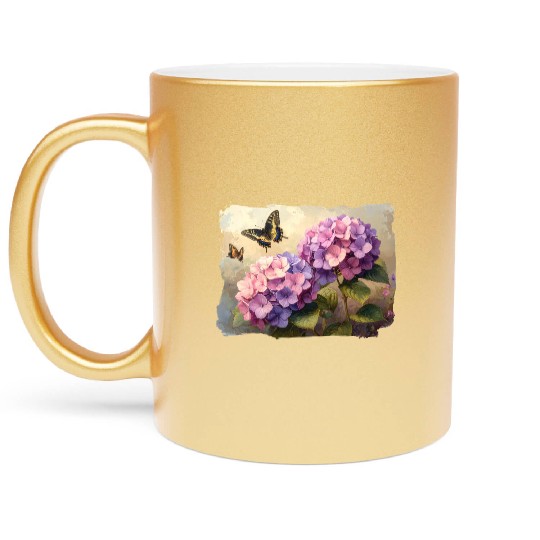 Hydrangea Flowers and Butterflies Colorful Nature Metallic Mugs