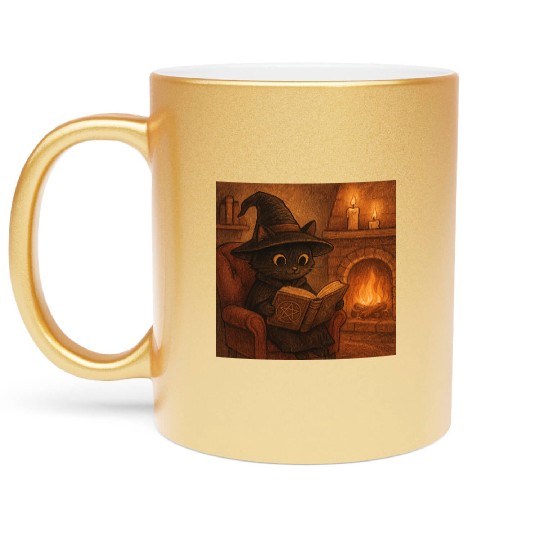 Enchanted Cat Witch by the Fireplace Metallic Mugs