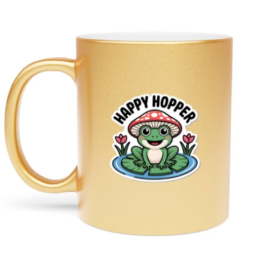 Cute "Happy Hopper" Frog Sticker Design Metallic Mugs