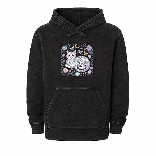 Cancer Zodiac Cat Mystical Art Mineral Wash Hoodies