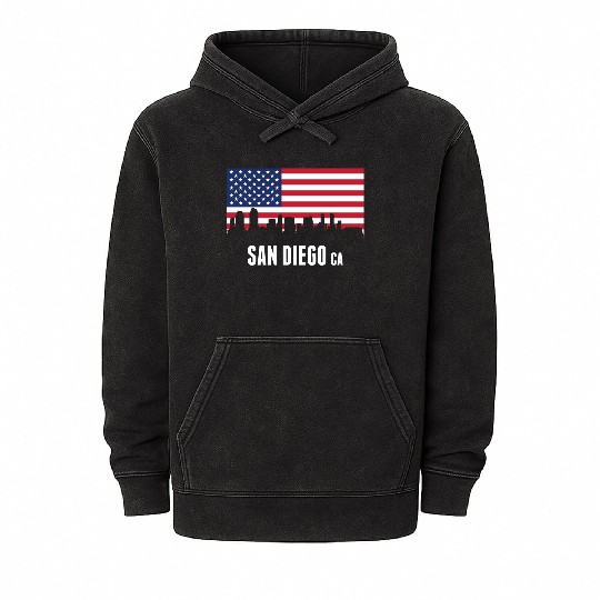 American Flag San Diego Skyline Mineral Wash Hoodies