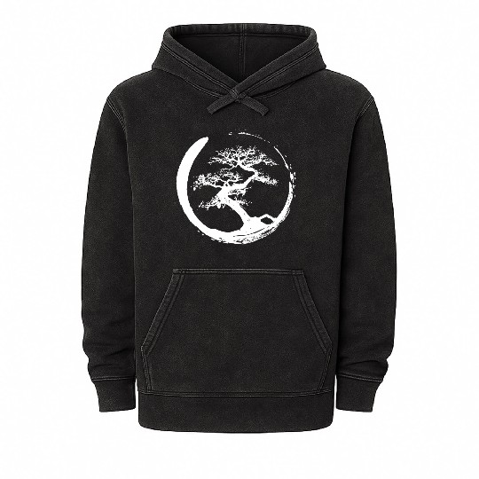 Zen Bonsai Tree in Enso Circle (white) Mineral Wash Hoodies