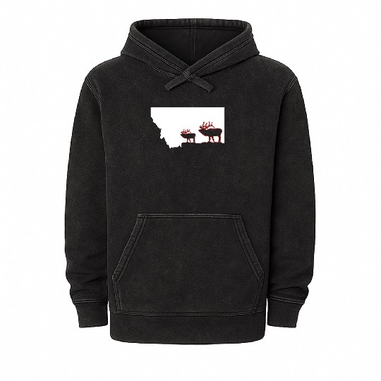 image of Montana state with outline of Elk inside Mineral Wash Hoodies