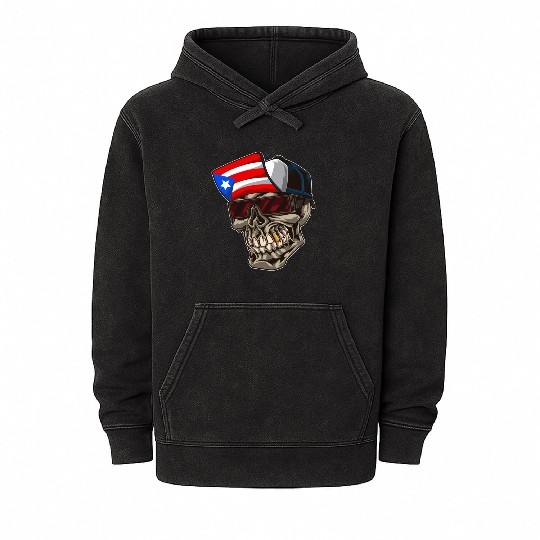 Cool Puerto Rico Skull With Cap and Boricua Flag Mineral Wash Hoodies