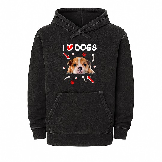 I Love Dogs Mineral Wash Hoodies English Bulldog Puppy Lover Owner