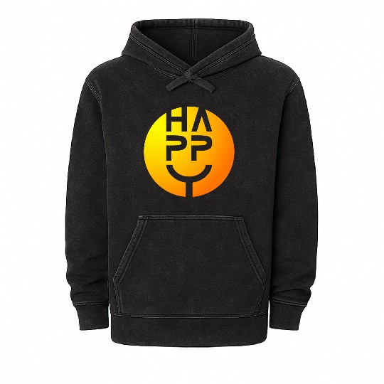 (I am) HAPPY — Round Smiley Typeface Yellow Orange Mineral Wash Hoodies
