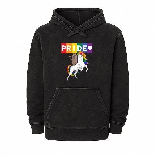 LGBT Gay Pride Wombat Riding Rainbow Unicorn Mineral Wash Hoodies