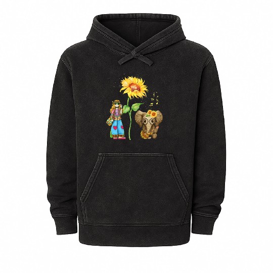 Cute Girl Sunflower Elephant Playing Guitar Hippie Mineral Wash Hoodies