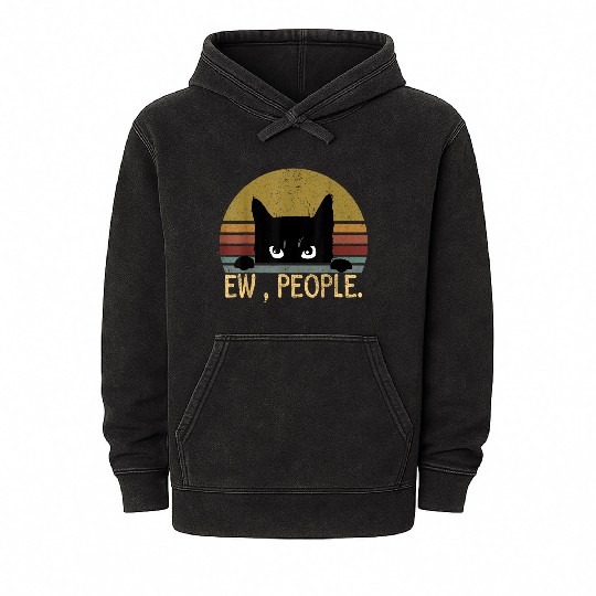 Ew People Black Cat Vintage Retro Funny Cat Mineral Wash Hoodies