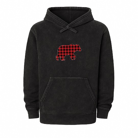 Christmas Red Buffalo Plaid Check Vintage Bear Mineral Wash Hoodies