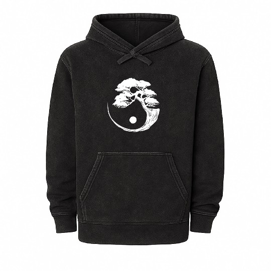 Bonsai Tree Black White Yin Yang Zen Buddhist Mineral Wash Hoodies