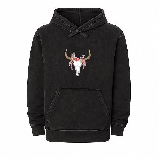 Floral Cow Skull With Feathers Bull Skull Mineral Wash Hoodies