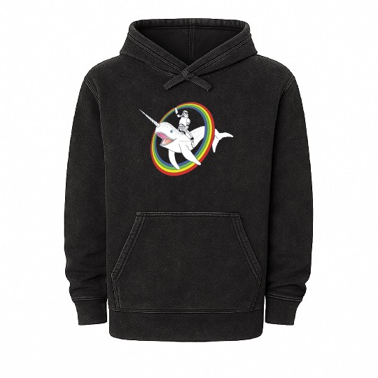 Spaceman riding narwhal through rainbow Mineral Wash Hoodies