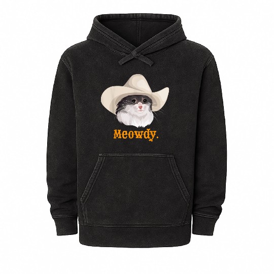 Meowdy Sad Cat Wearing a Cowboy Hat Meme Mineral Wash Hoodies