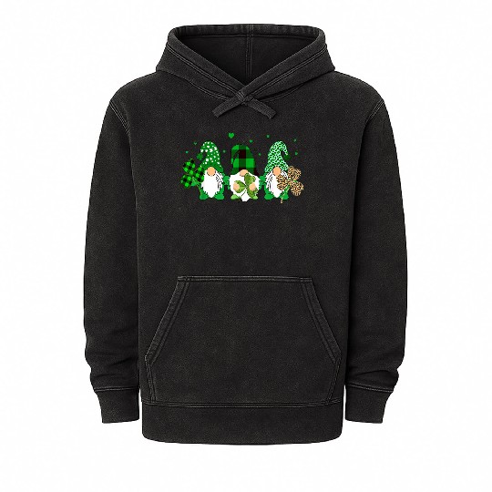 Three Gnomes Holding Shamrock Leopard Plaid Mineral Wash Hoodies
