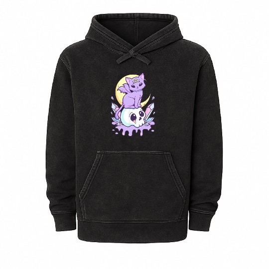 Pastel Goth Cute Creepy Witchy Cat and Skull Mineral Wash Hoodies