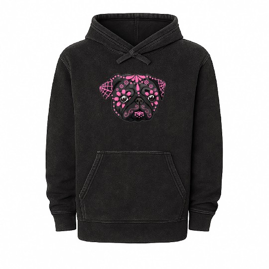 Black Pug Dogs Day of the Dead Sugar Skull Dog Mineral Wash Hoodies