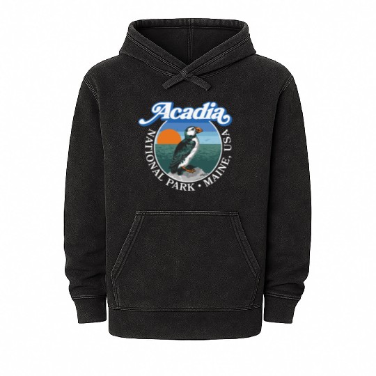 Retro Acadia National Park Vintage Maine Puffin Mineral Wash Hoodies