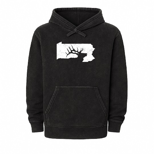 Pennsylvania Elk Hunting Bull Elk PA State Shape Mineral Wash Hoodies