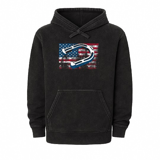 Cool Horseshoe Pitching USA Flag Funny US Pitcher Mineral Wash Hoodies