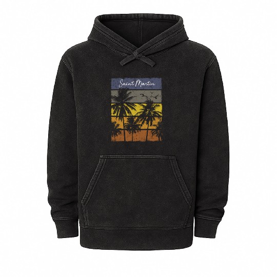 Retro Saint Martin Sint Maarten Beach Palm Tree Mineral Wash Hoodies