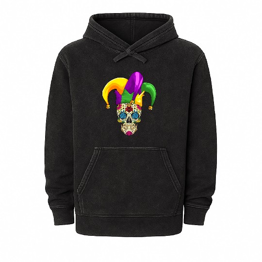 Sugar Skull Mardi Gras Jester Joker Louisiana Carn Mineral Wash Hoodies