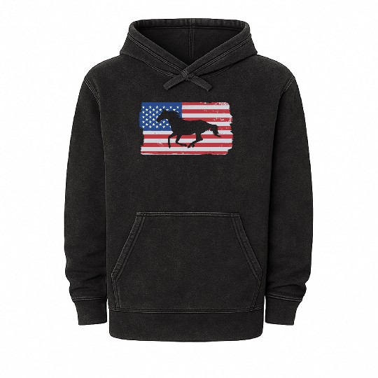 Patriotic Horse American Flag Horseback Riding Mineral Wash Hoodies