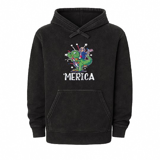 America Washington Dinosaur USA Flag 4th Of July Mineral Wash Hoodies